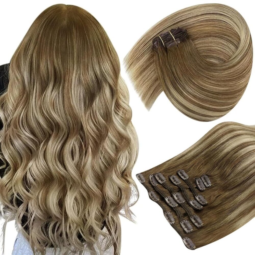 Clip in Hair Extensions Human Hair 16 Inch Straight Balayage Blonde